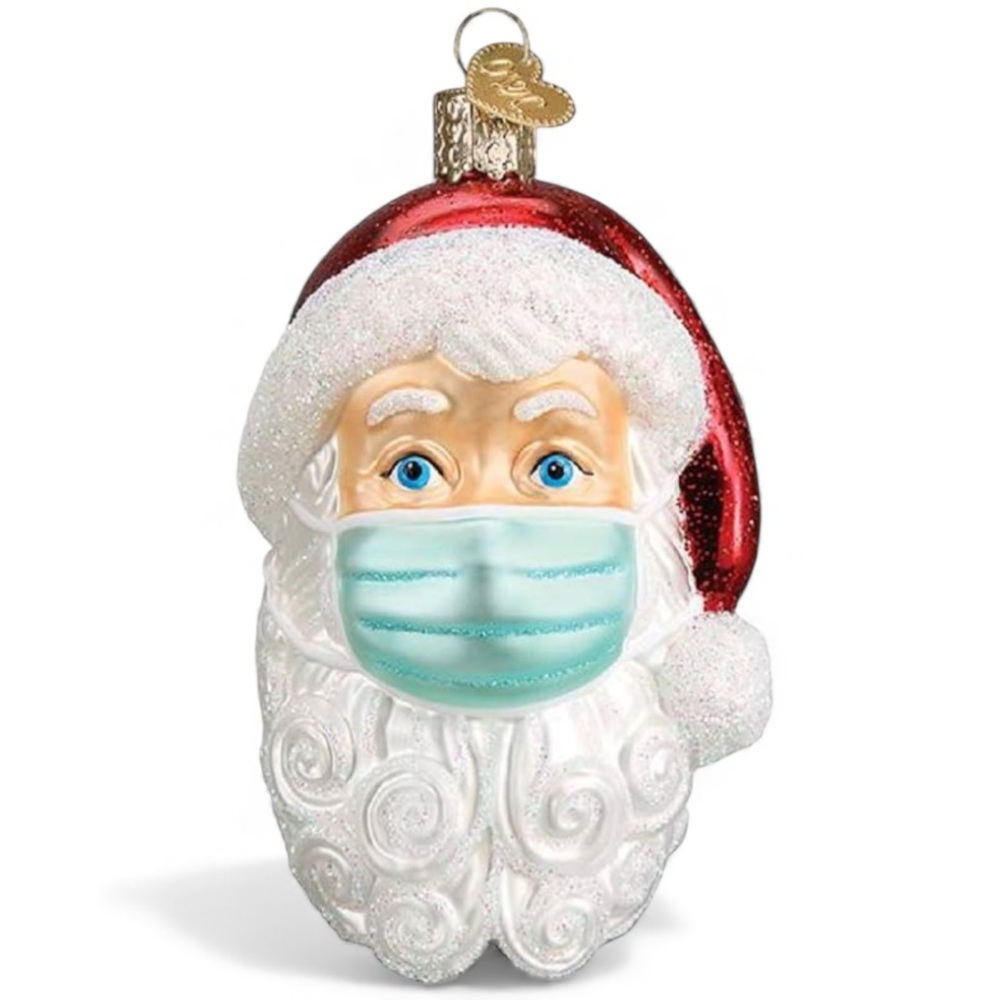 Old World Glass Blown Ornament Santa Face Mask Covid Pandemic Christmas Tree